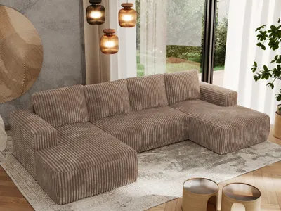 A modern living room with a large sectional sofa.