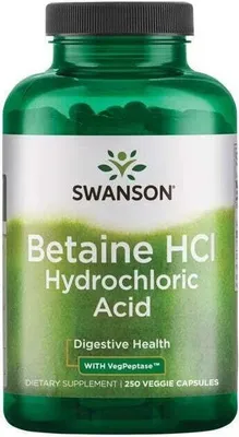 Image de Bétaïne HCl acide chlorhydrique avec VegPeptase 250 gélules végétales Swanson Health Products