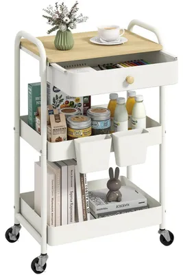 Immagine prodotto di Carrello portabiancheria a 3 ripiani, in metallo con cassetti e piano in legno, carrello di servizio, carrello da cucina con ruote, bianco