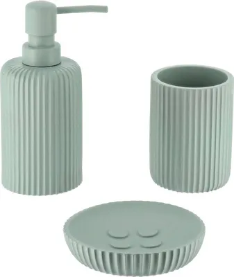 Produktbild von Becherset seifenspender und seifenschale aus gestreiftem polyresin - eukalyptusgrün - Tendance