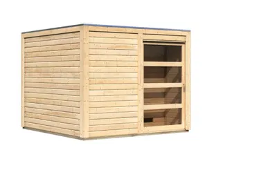 Image de Cabine de sauna Karibu, sauna d'extérieur, sauna de jardin, modèle Cuben, non traité, sans accessoires, bois massif de 38 mm, 276 x 276 x 210 cm