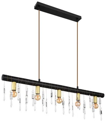 Obrázok produktu pre Globo Lighting závesné svietidlo kov čierny mat, drevo čierne, sklenené kryštály číre, textilný kábel šampanské, zásuvky zlatý mat, DxŠxV: 900x60x1200mm, bez 5x E14 40W 230V