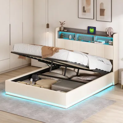 Zdjęcie produktu dla Łóżko tapicerowane INONEFT, hydrauliczne, 140x190 cm, z portami USB i Type-C, podwójne łóżko młodzieżowe z oświetleniem LED, łóżko z pojemnikiem na pościel, obite welurem, kolor beżowy