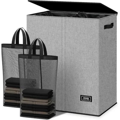 Produktbild von Wäschekorb 145L mit Deckel und 2 Fächern, 2x 72.5L, Grau