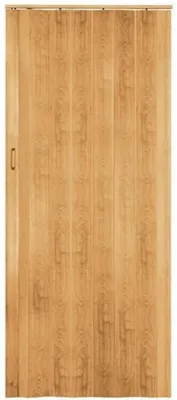 A full-frame, front-facing view of a closed folding door with a light oak wood grain pattern.