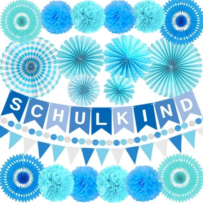Produktbild von Einschulung Deko Set 21 Stück Blau Papier Schulanfang Deko mit Girlande, Wimpelkette, Pompons, Fächer