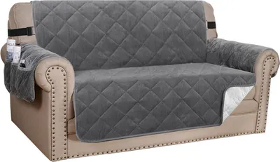 Produktbild von (2 Seater, Grau) Sofabezug Gesteppter dicker Samtplüsch-Couchbezug für Sessel Schonbezug Schutz vor Haustieren Hunde, rutschfest zwei elastische Riemen an Rücken und Basis