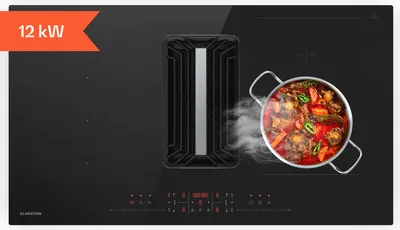 Image de Klarstein AirJet Hybrid Table à induction avec Hotte intégrée - 12 kW, 750 m³/h, CEE A++, 9 Niveaux,tactile, Filtre aluminium & charbon, 58 dB, 90 cm