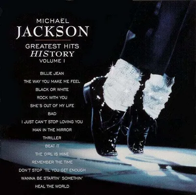 Album cover art for Michael Jackson's 'Greatest Hits - HIStory Volume I', featuring a close-up of his iconic sparkling white socks and black shoes.
