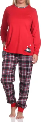 Produktbild von Damen Schlafanzug mit Bündchen mit Karohose und süßem Tiermotiv - auch in Übergrößen ; rot , 60/62