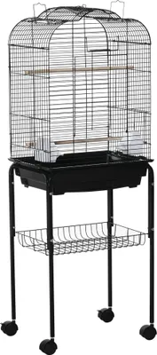 Image de Cage pour oiseaux - Avec support - 4 roulettes - Toit ouvrant - 2 mangeoires - Tablette - Dimensions 46x36x130 cm - Noir
