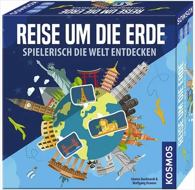 The image shows the box art for a board game about traveling the world, featuring illustrations of famous landmarks.