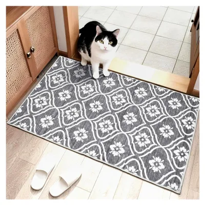 Produktbild von Waschbarer kleiner Küchenteppich 60 x 100 cm, Fußmatte für Innenräume, ultradünner Teppich mit marokkanischem Muster, schmutzabweisend für Flur, Kinderzimmer, Waschküche, Schlafzimmer, grau