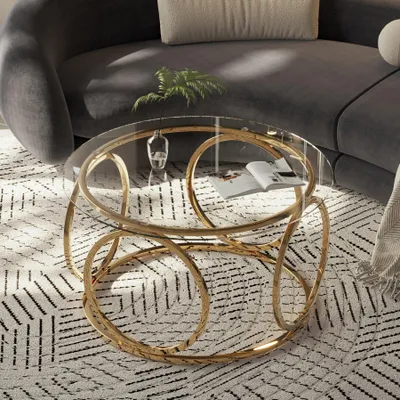 Produktbild von okwish Runder Couchtisch mit Glastischplatte,Sofatisch verchromtem Metallgestell, Moderner Stil,Gold