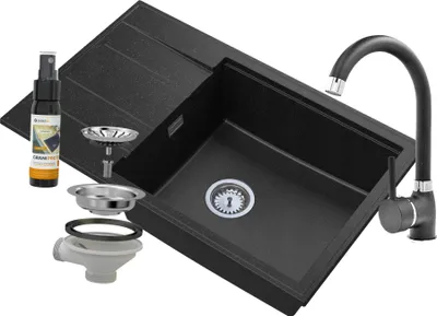 Produktbild von Granitan | Granitspüle LOUIS - Einbau - 800 x 500 mm - mit Abtropffläche und Chrom-Syfon