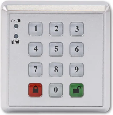 A close-up, front-facing view of a digital keypad with numeric buttons and indicator lights.