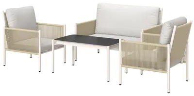 Image de Ensemble de mobilier de jardin en polyrotin comprenant un canapé 2 places, un fauteuil, une table en verre et des coussins (pour 4 personnes) - marron et gris