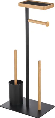 Produktbild von MSV "Teiki" Stand WC Garnitur WC Bürste Rollenhalter Toilettenbürste Klobürste Klopapierhalter aus Bambus mit Ablage 4in1 – Schwarz/Natur