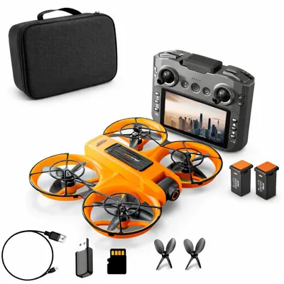 Produktbild von GOLDSTERN-TECH RC-Quadrocopter (Drohne mit 12,5-cm HD-Display-Fernsteuerung,komplett geschütztem Propellerdesign), Dualkamera mit 90° Winkel & 50xzoom