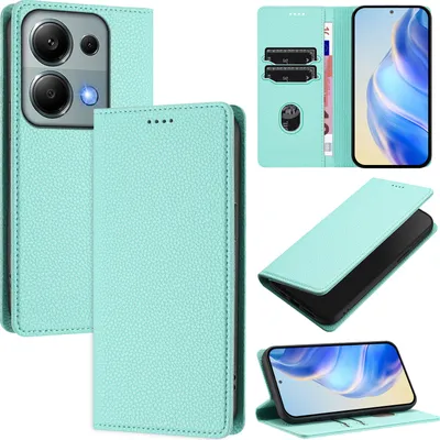 Produktbild von Litchi Leder Handyhülle für Xiaomi Poco M6 Pro 4G/Redmi Note 13 Pro 4G Wallet Kartenfächer Standfunktion Hülle Türkis