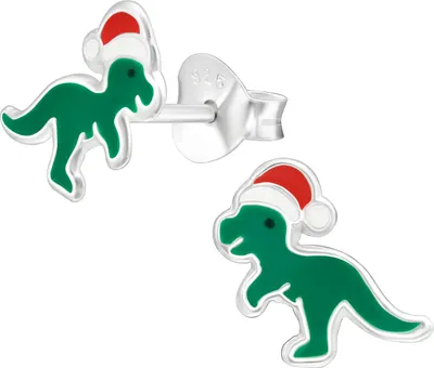 Produktbild von Ohrringe 925er Sterling Silber Ohrstecker Dinosaurier mit Weihnachtsmütze