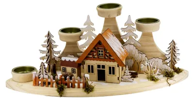 Teelichthuis met vakwerkhuis, 3 kandelaars, 37x17x15 cm, Holz