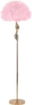 Produktbild von Schlanke, rosafarbene Stehlampe, 165 cm – Glamouröse Stehlampe mit Federn und goldenem Gestell – Geschwungenes Design – E27 40 W