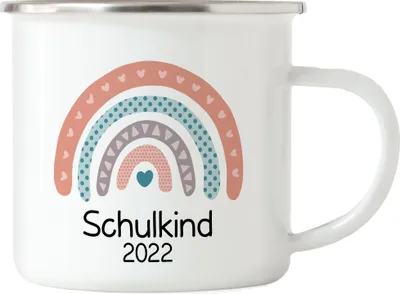 Produktbild von Schulkind 2022 Emaille Tasse Einschulungsgeschenk Grundschule 1. Klasse Schulstart Rosa Mädchen Motiv