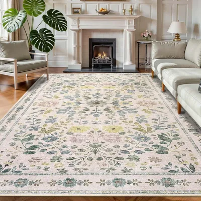 Zdjęcie produktu dla Dywan o krótkim włosiu, beżowy, w stylu boho, 160 x 230 cm, z motywem kwiatowym, antypoślizgowy, idealny do salonu