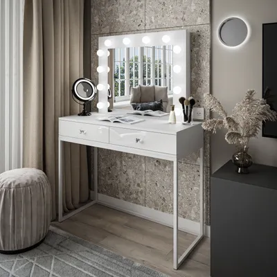 Produktbild von Schminktisch BLANCO LOFT mit Spiegel und Beleuchtung weiß Hochglanz mit Griffen