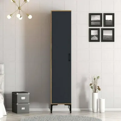 Produktbild von 1-Tür MehrzweckschrankMekbuda, Multifunktionale Möbel, Schuhschrank, Besenschrank, 40x201h48 cm, Anthrazit und Walnuss
