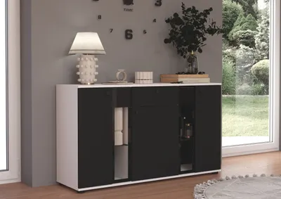 Produktbild von Kommode Salsa 2 Lamellenoptik Anbauwand Wohnwand Sideboard MDF Schwarz + Weiss