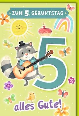 Produktbild von 5. Geburtstag Glückwunschkarte mit Umschlag Waschbär Zum 5. Geburtstag alles Gute