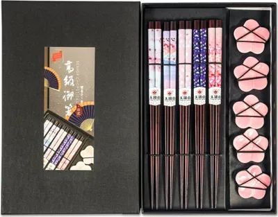 Produktbild von Yoaxia 5 Paar Essstäbchen + 5 Ablagen | Sakura Kirschblüten | Stäbchen aus Holz Geschenk Set