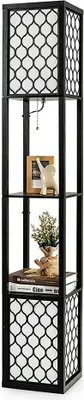 Image de Lampadaire COSTWAY EU10046DE, étagère, lampe double avec étagère en bois, abat-jour blanc, 26 x 26 x 156 cm - A