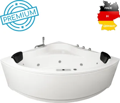 Produktbild von Basera PREMIUM Indoor Eck-Whirlpool Badewanne Malai 150 x 150 cm mit 21 Massagedüsen, Heizung, Ozongenerator, Bodenansaugung, Wasserfall, LED-Ambiente, Touchpanel, Bluetooth, Radio