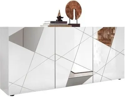 Produktbild von **Vittoria Highboard 3-türig Weiß Hochglanz mit Siebdruck und Spiegel**