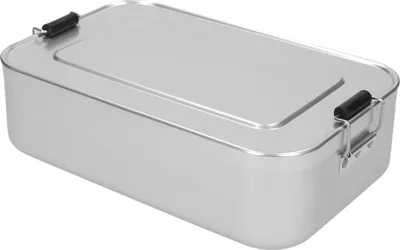 A silver aluminum food storage container with black clasps is shown against a white background.