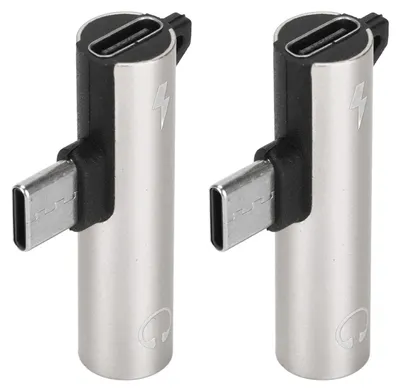 Zdjęcie produktu dla Zestaw 2 sztuk adapterów audio USB-C na 3,5 mm – 2 w 1: ładowanie i odtwarzanie dźwięku. Adapter USB-C na gniazdo audio z tworzywa ABS do telefonów i tabletów, kolor srebrny