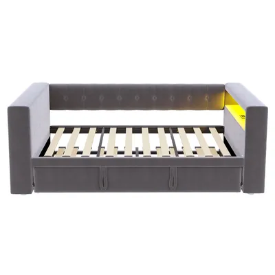 Produktbild von Flieks Schlafsofa 90x190cm/180x190cm mit Steckdose, Polsterbett Einzelbett mit Led & Ausziehbett, Tagesbett mit Regal, Flannelette, Dunkelgrau