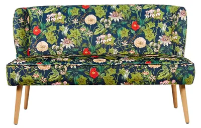 Produktbild von Sitzbank Sophia 140 cm mit Federkernpolsterung – Esszimmerbank im Blumen-Design – Gepolsterte Küchenbank Dunkelblau Floral – 2-Sitzer Sofa mit Holzbeinen
