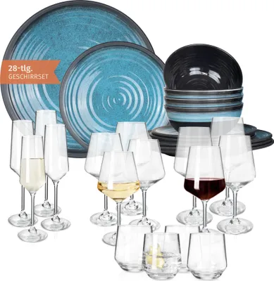 Produktbild von Melamin Camping Geschirr Set 4 Personen Stone Blue + 16 Milano Gläser Wassergläser Weingläser Champagner-Gläser Flûtes Tafelgeschirr Picknick BBQ Kochgeschirr