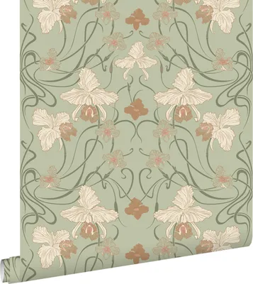 Zdjęcie produktu dla ESTAhome Tapeta vintage kwiaty w stylu secesyjnym szaro zielonymIterakota 53 cm x 10.05 m