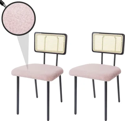 Productafbeelding van Set van 2 eetkamerstoelen, model HWC-K88, met rugleuning, in een combinatie van hout, polyrotan en metaal, met een bouclé-stof/textiel bekleding in roze