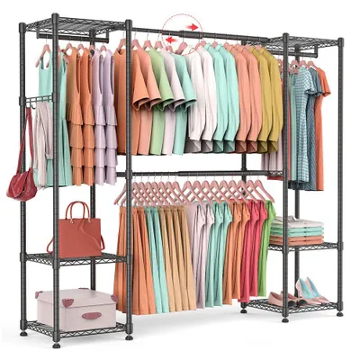 Produktbild von Schwerlast Kleiderständer Ausziehbar 200*40*198cm, Freistehendes Schranksystem mit 4 Stangen & 8 Ablagen, Metall Garderobe bis 363kg, schwarz