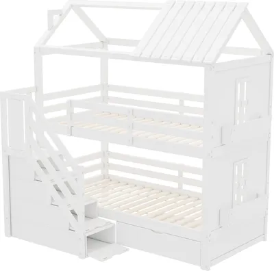 Image de OKWISH Lit Superposé 90x200 cm - Lit Enfant avec Escaliers de Rangement et Tiroirs - Sans Matelas - Bois Massif + MDF - Blanc