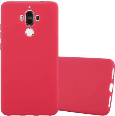 Two red phone cases are shown against a white background. One case is upright and shows the back with camera cutouts, and the other is lying on its side.