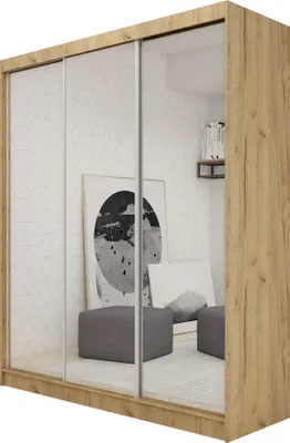 Image de Armoire Darix de 180 cm avec miroir, 3 portes coulissantes Armoire à portes coulissantes (couleur : artisan)