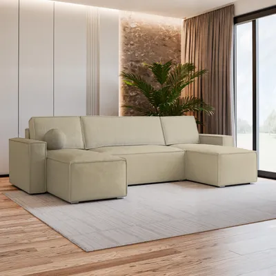 Produktbild von Masseno Ecksofa PESANO M mit Schlaffunktion U-Form, Sofa mit Bettkasten, Wohnzimmersofa, Couch, Soffa, Bettsofa, Couchgarnitur- Creme, MONOLITH 04