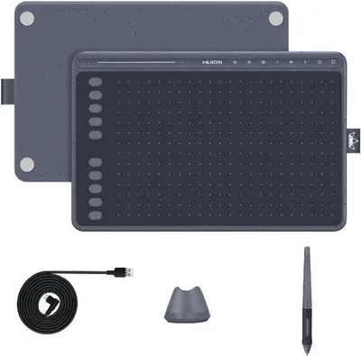 A graphic tablet and its accessories are laid out on a light gray background.